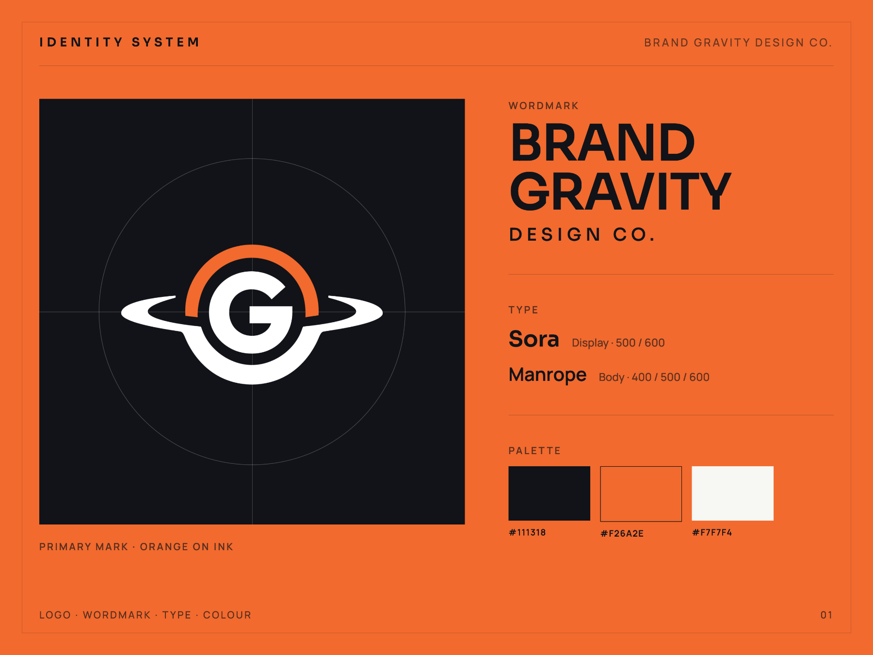 Brand Gravity identity system — mark construction, wordmark, type and palette