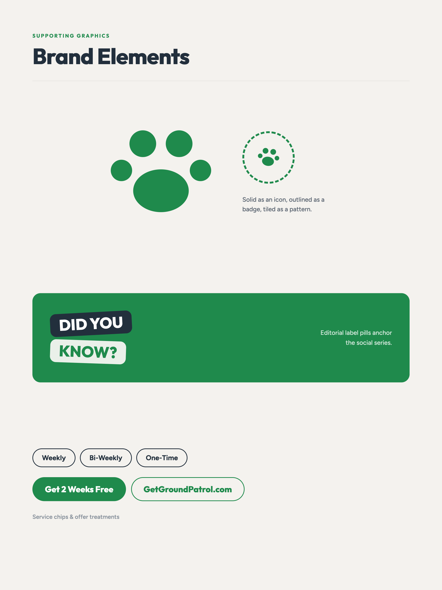 Ground Patrol brand elements — paw treatments, editorial label pills and service chips