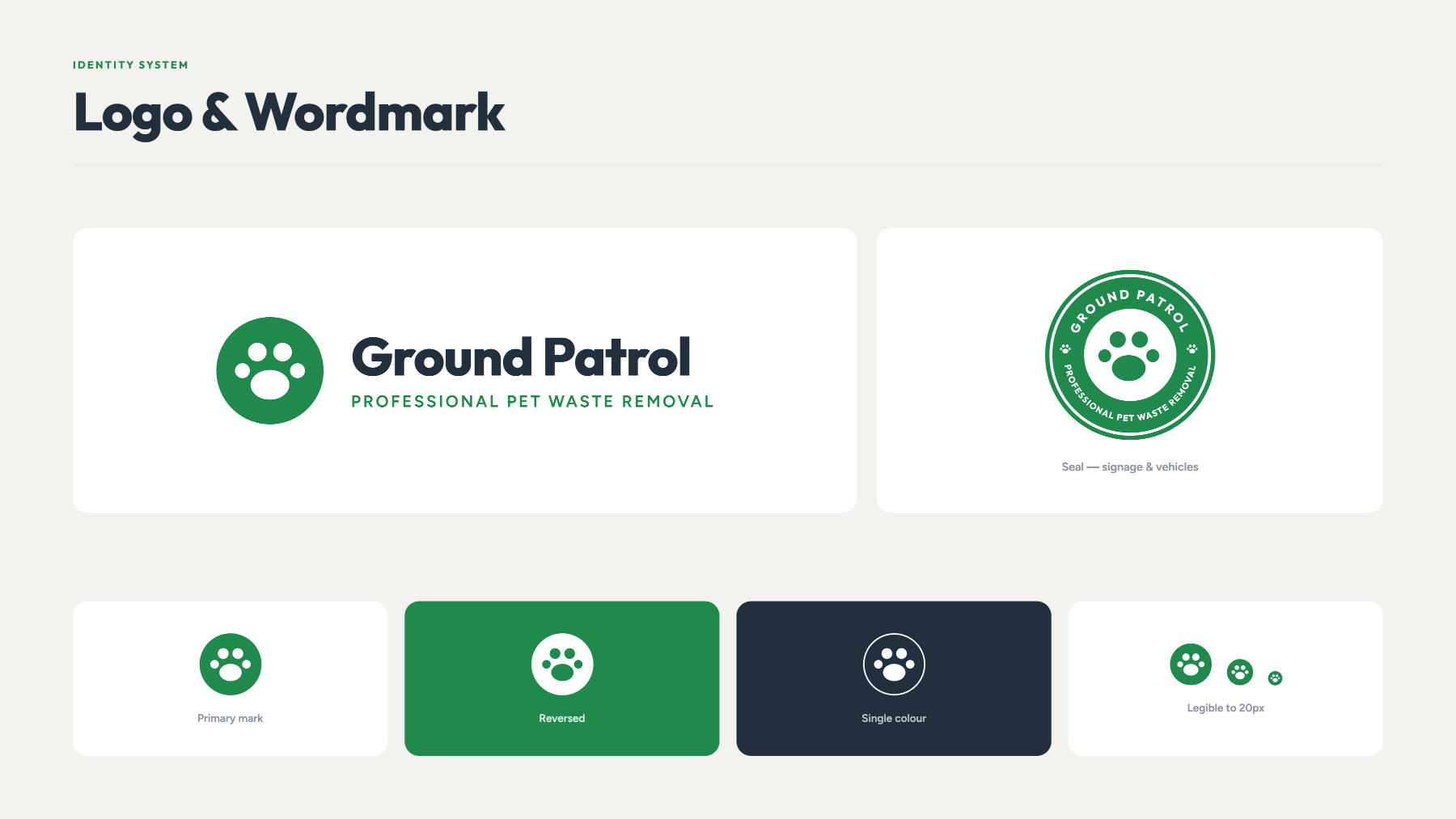 Ground Patrol logo and wordmark system — primary, seal, reversed, single color and small scale