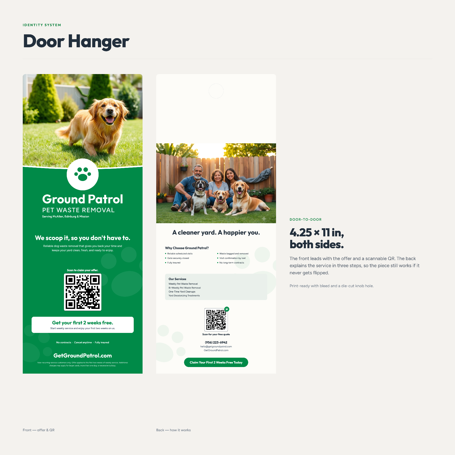 Ground Patrol door hanger — front and back