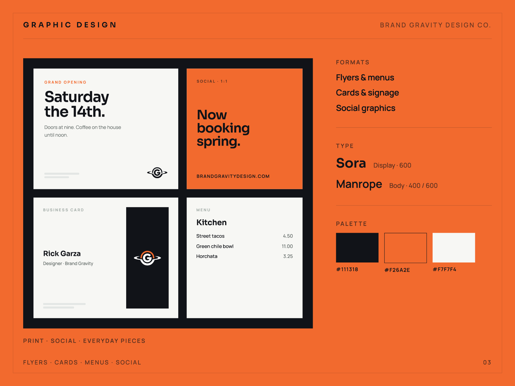 Brand Gravity graphic design board — flyer, social graphic, business card, menu and palette