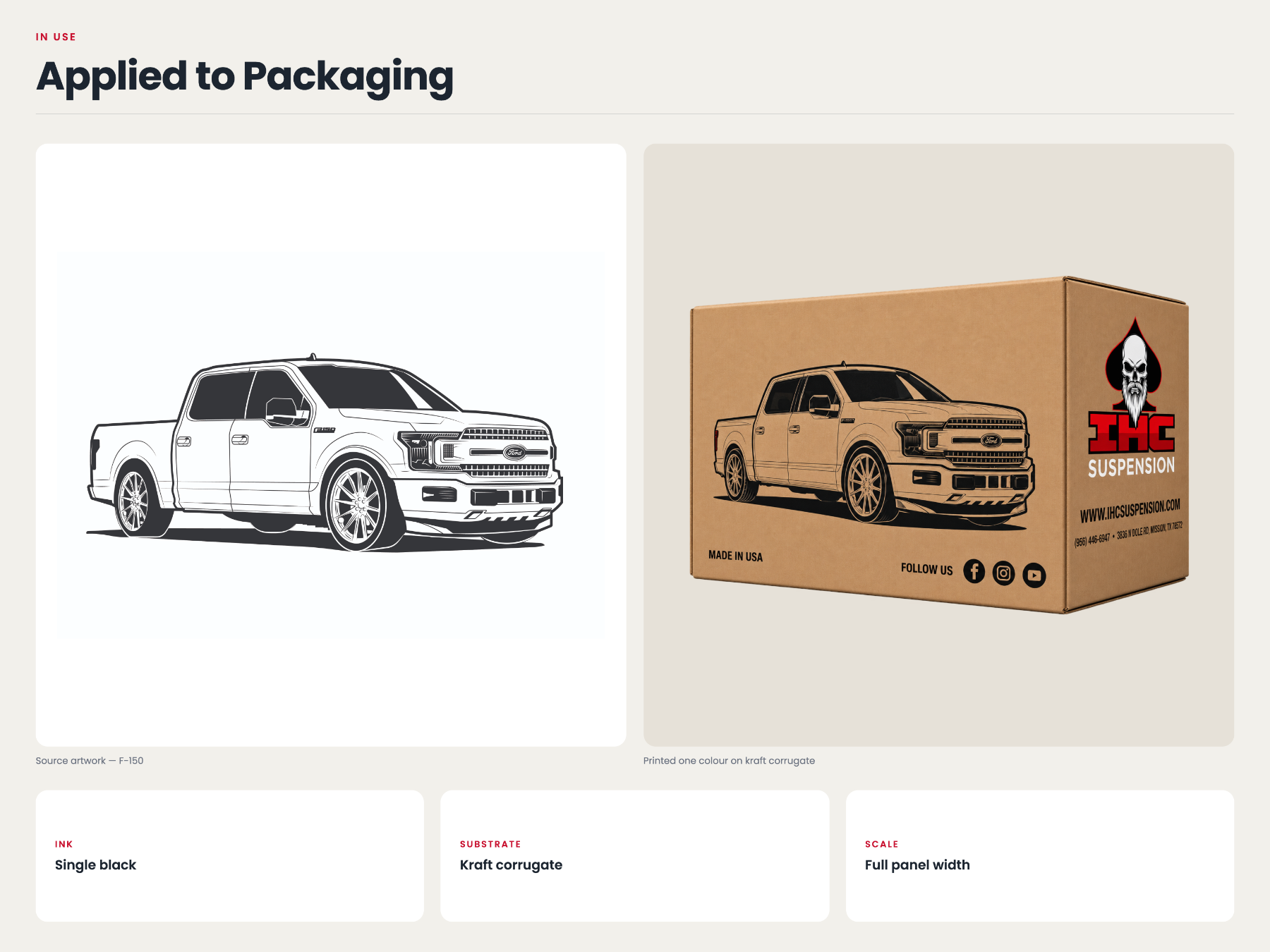 IHC Suspension illustration applied to kraft packaging