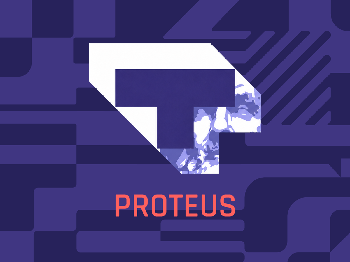 Proteus key graphic — monogram and wordmark over the circuit pattern