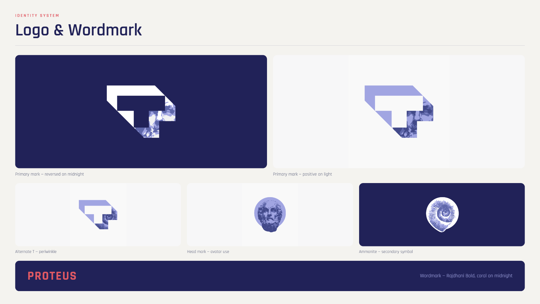 Proteus identity system — primary mark reversed and positive, alternate T, head mark, ammonite symbol and wordmark