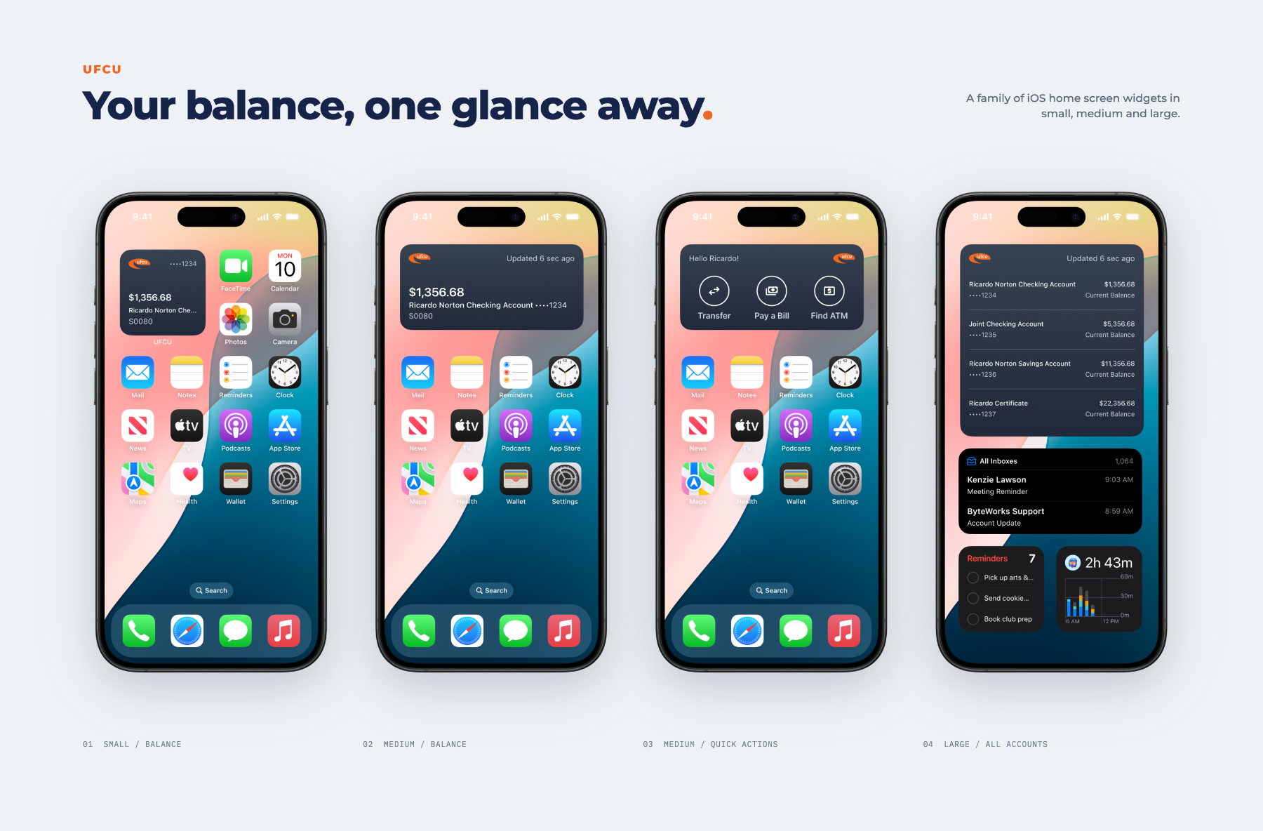 UFCU iOS home screen widgets — small and medium balance, medium quick actions, and large all-accounts summary