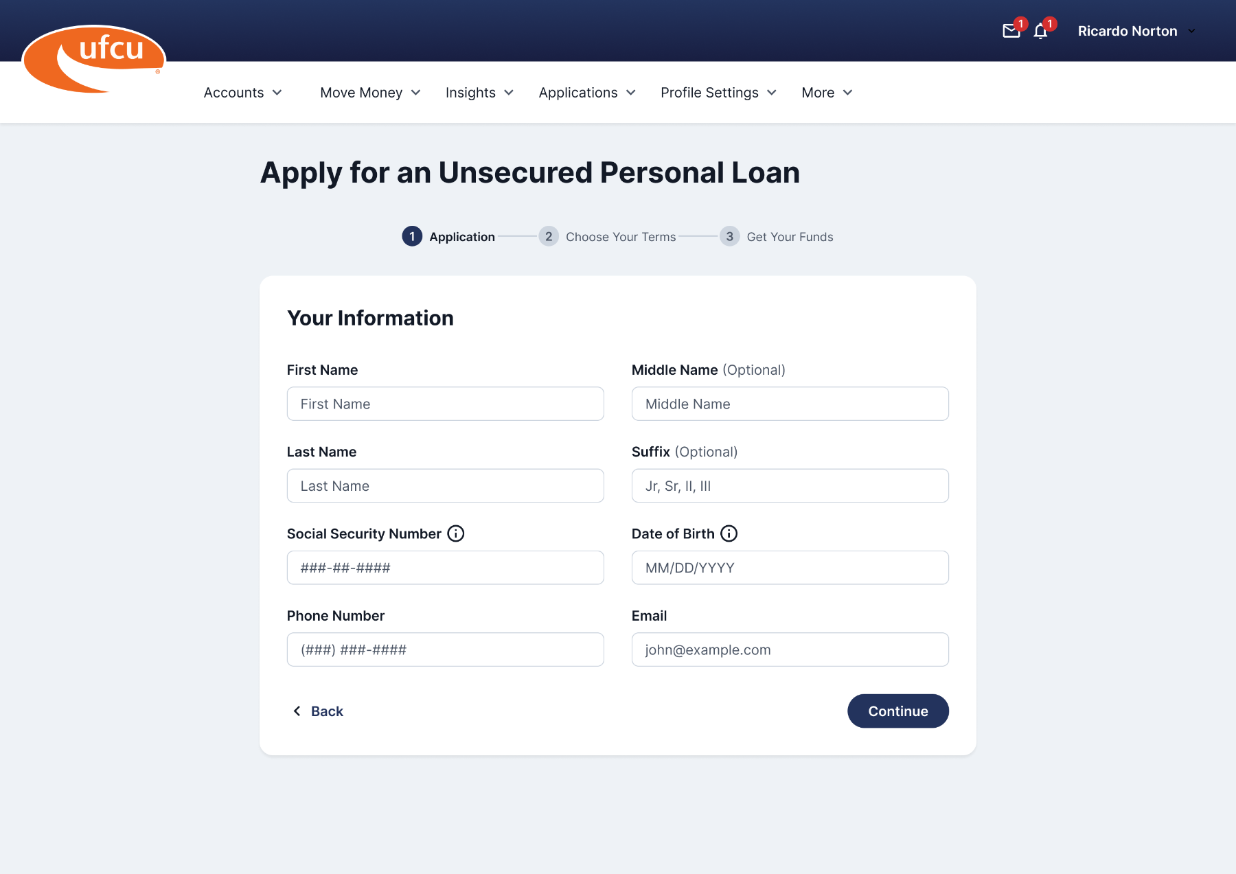 UFCU loan application — Your Information step