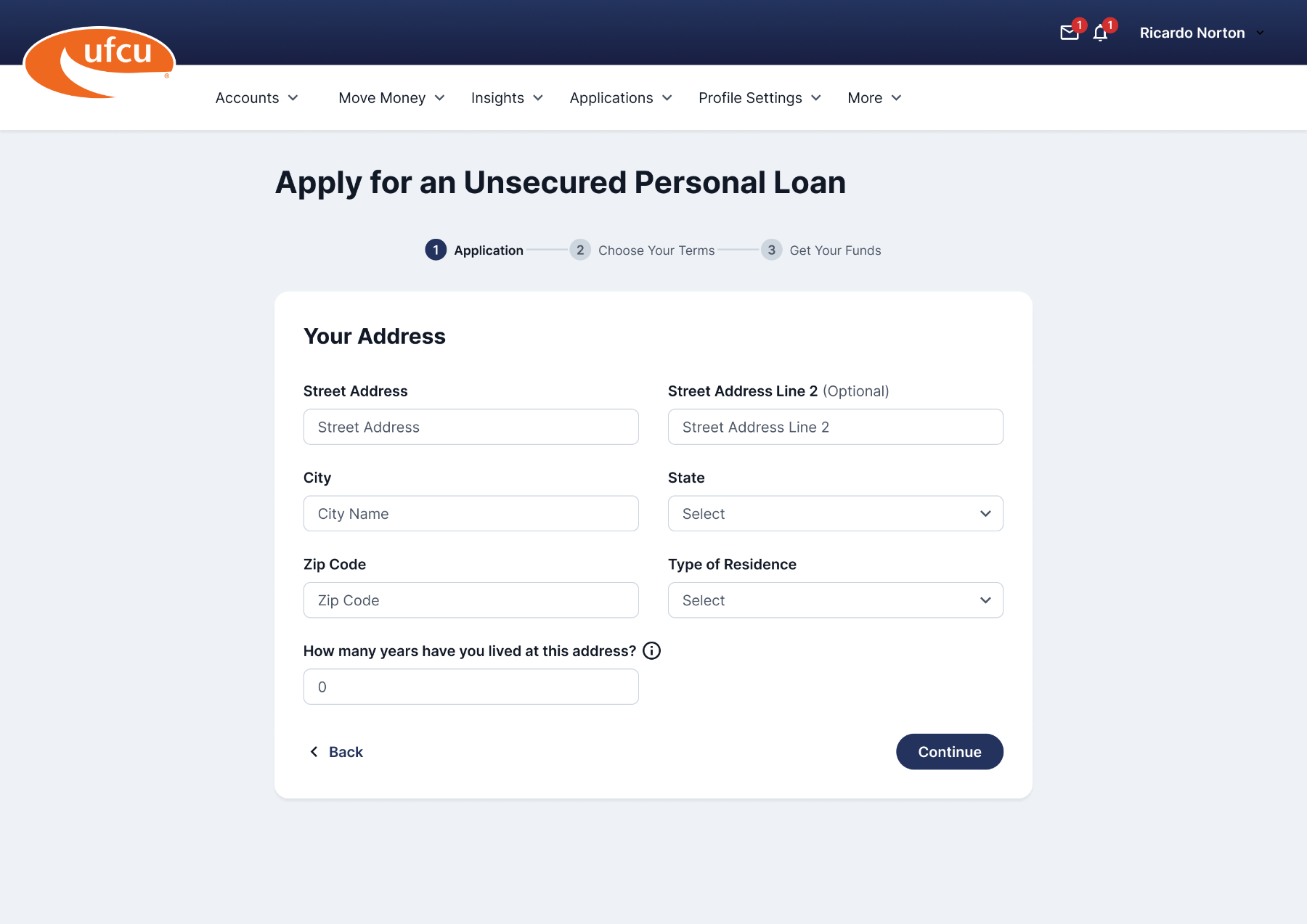 UFCU loan application — Your Address step
