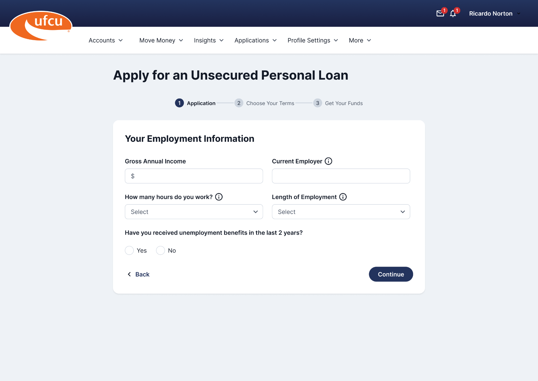 UFCU loan application — Your Employment Information step
