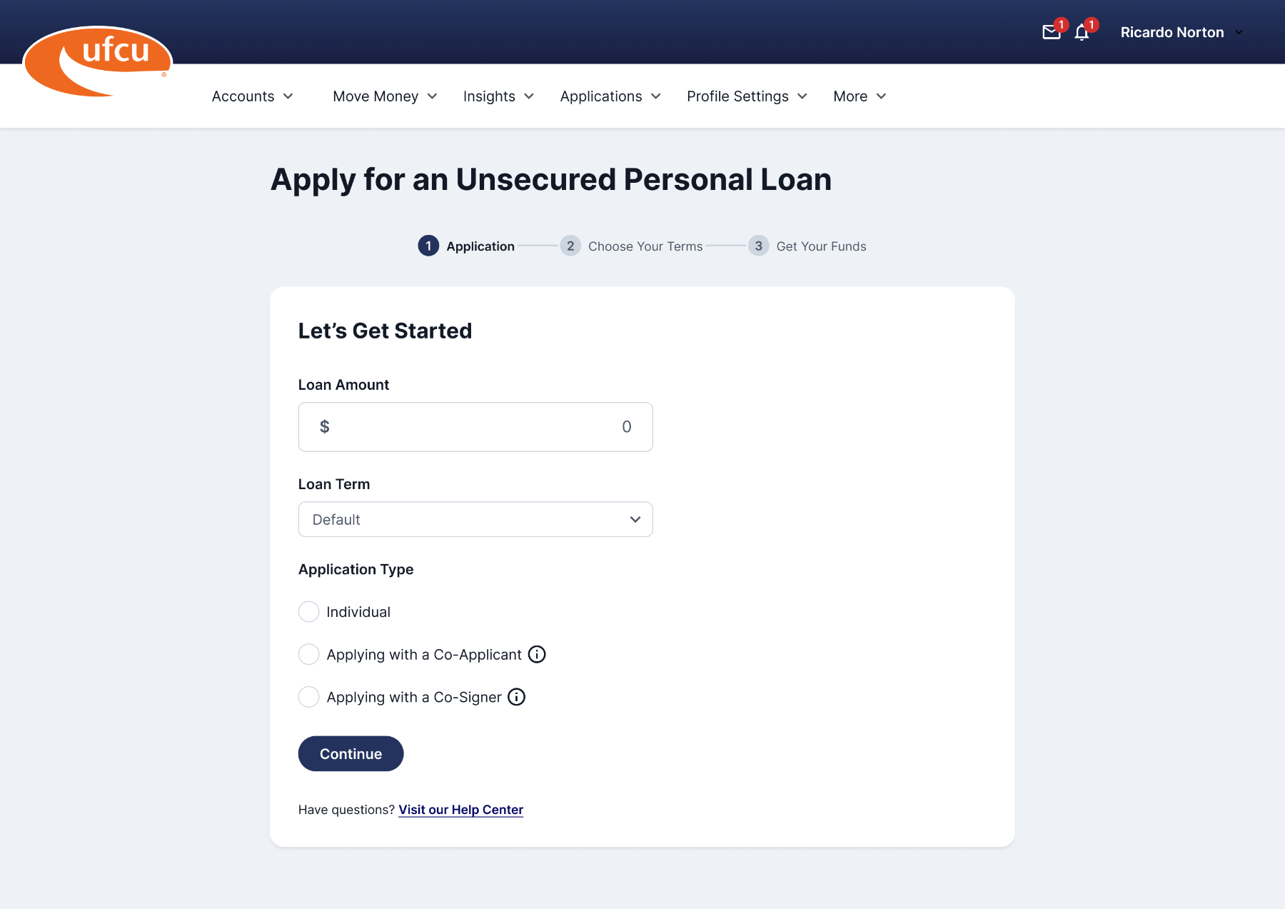 UFCU unsecured personal loan application — Let's Get Started step